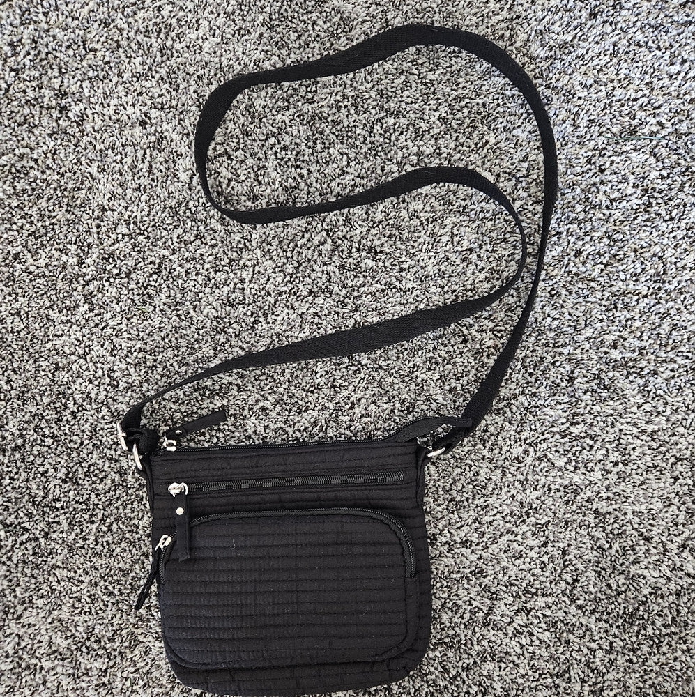 Black Quilted Crossbody Bag Multi Pocket Travel Purse